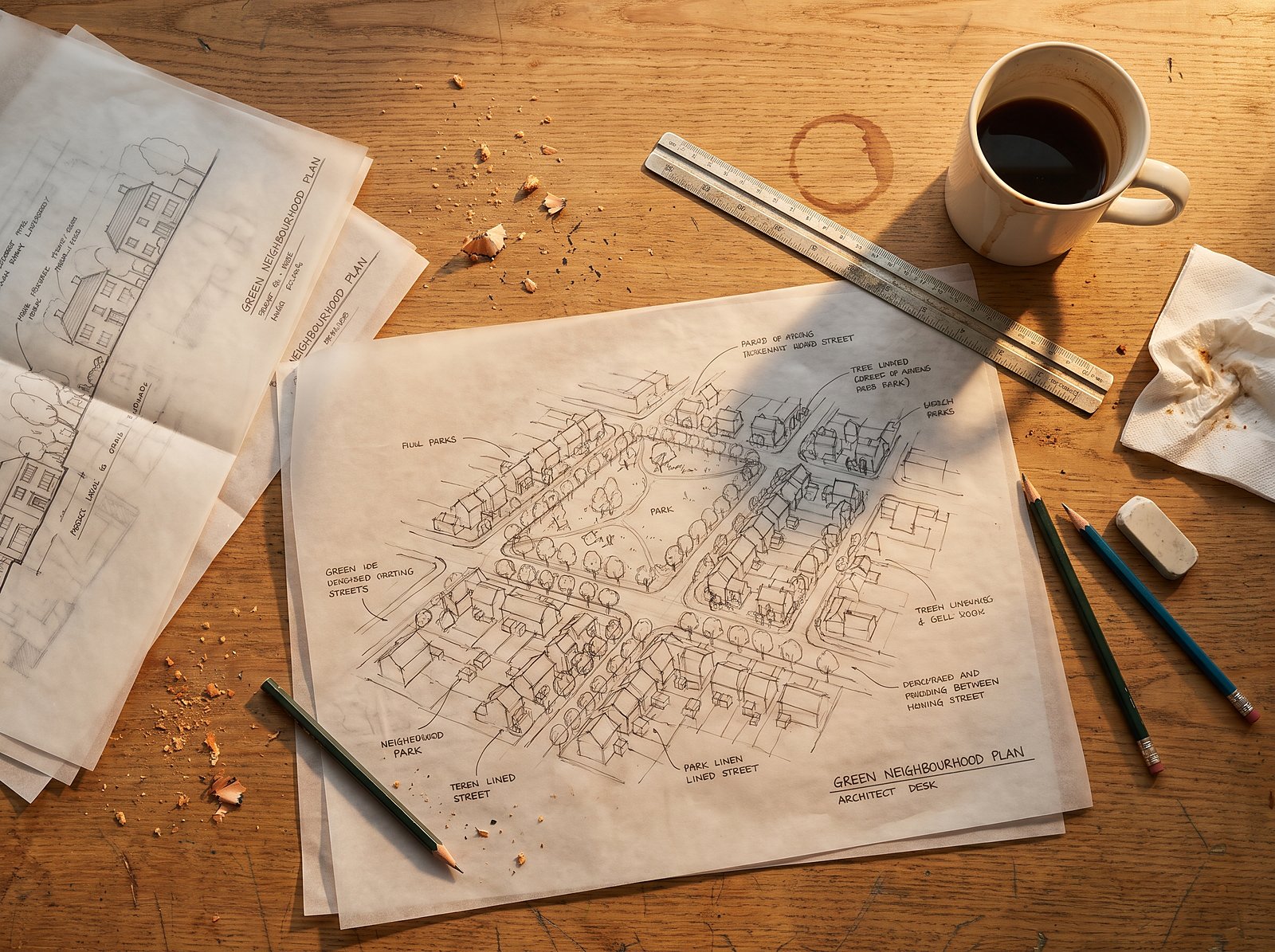 Sample picture — a neighbourhood plan sketched on an architect's desk